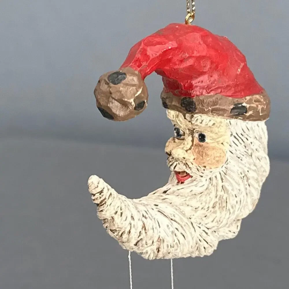 VTG Hand Painted Santa Face Ornament set 3 Red Hat Folk Art Moon Stars Resin 90s